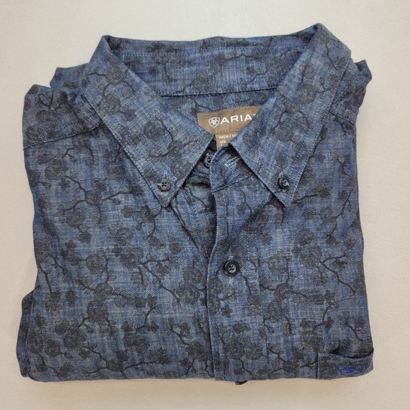 Ariat Dress Shirt Mens XL Blue Girard Classic Fit Poplin Print Long Sleeve - Picture 4 of 11